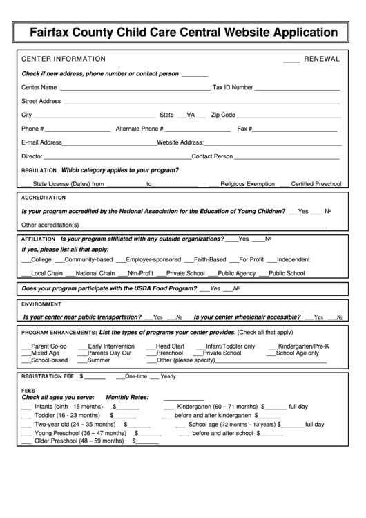 Fairfax County Child Care Central Website Application Form Printable 