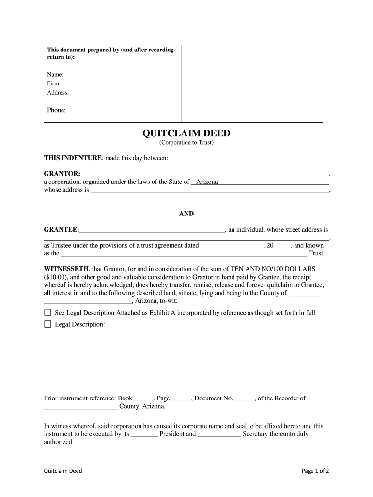 Fill Edit And Print Arizona Quitclaim Deed From Corporation To A Trust 