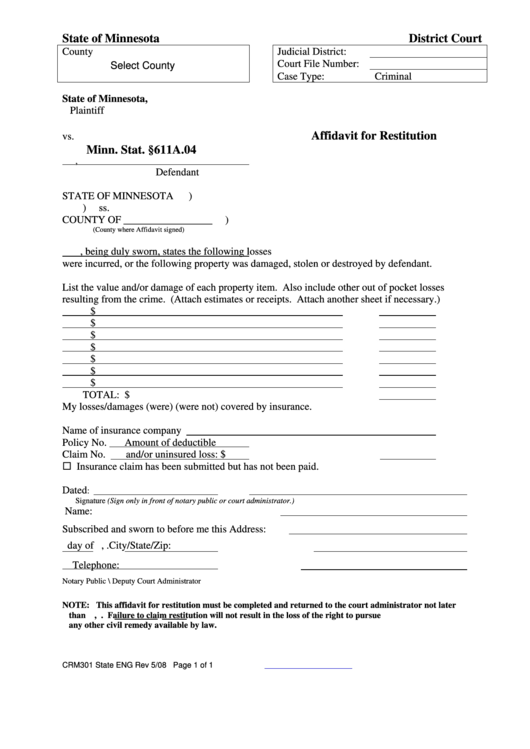 Fillable Affidavit For Restitution Minn Stat 611a 04 Printable Pdf 