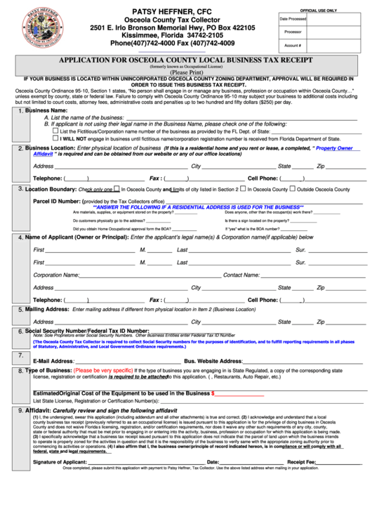 Fillable Application For Osceola County Local Business Tax Receipt Form