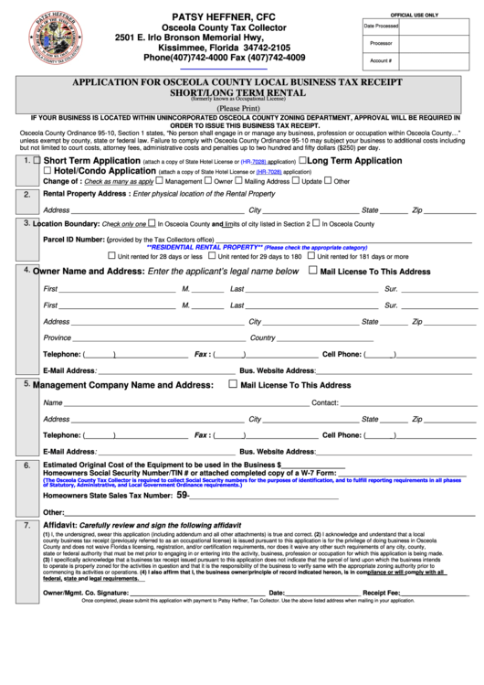 Fillable Application For Osceola County Local Business Tax Receipt 