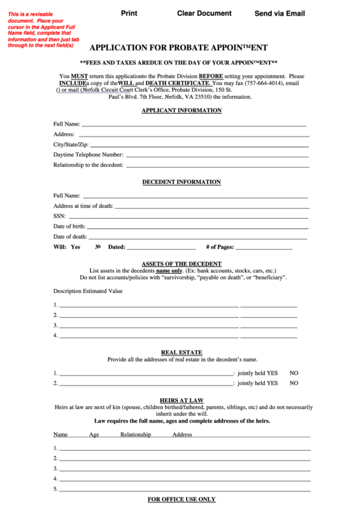 Fillable Application For Probate Appointment Form Norfolk Circuit 