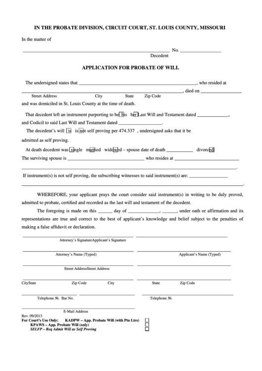 Fillable Application For Probate Of Will Form St louis County 