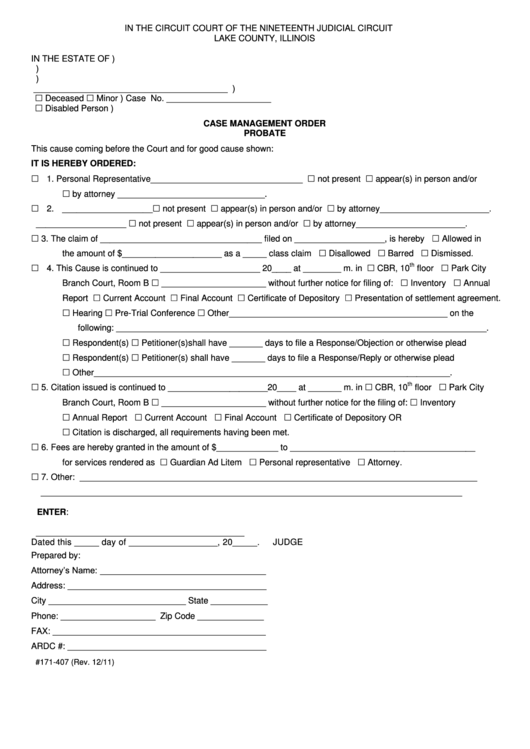 Fillable Case Management Order Probate Form Lake County Illinois 