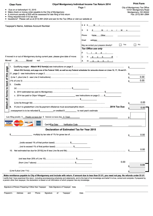 Fillable City Of Montgomery Individual Income Tax Return 2014