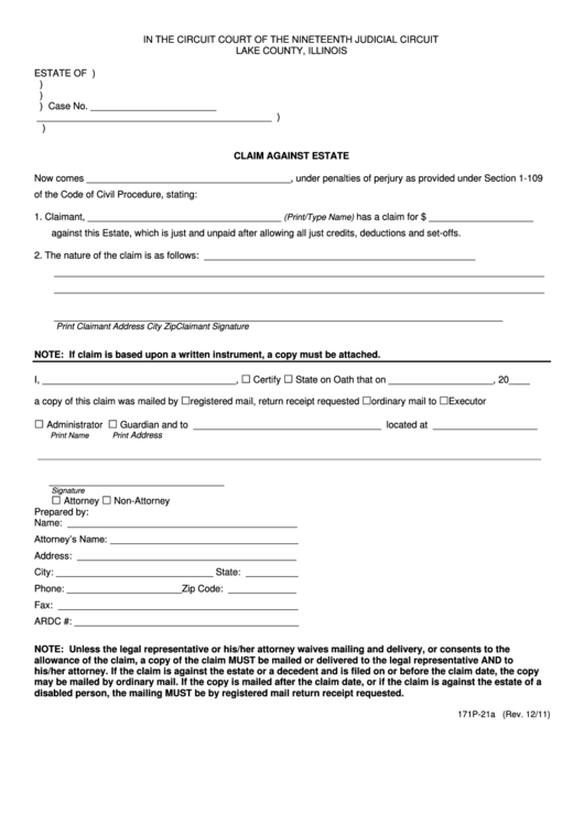 Fillable Claim Against Estate Form Lake County Illinois Printable 