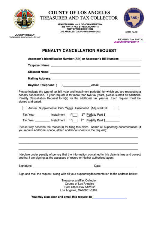 Fillable County Of Los Angeles Ttc Tax Penalty Cancellation Request 