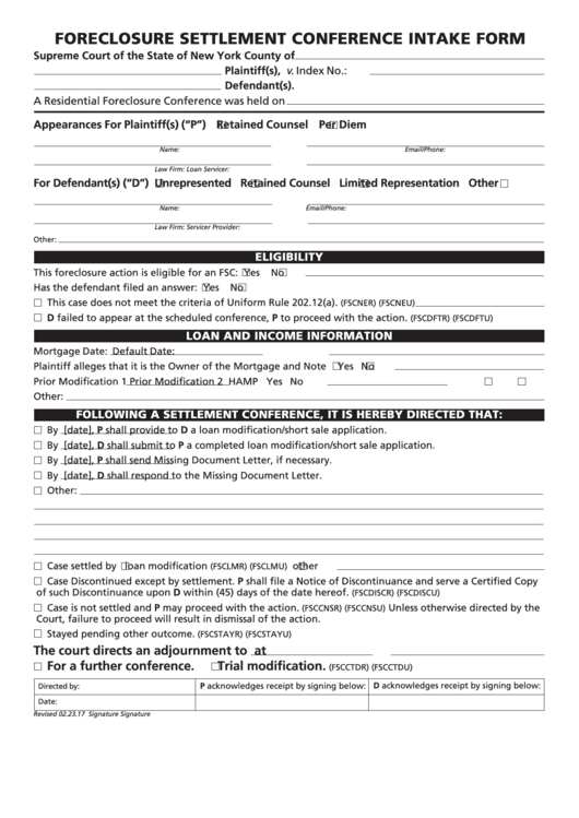 Fillable Foreclosure Settlement Conference Intake Form New York 