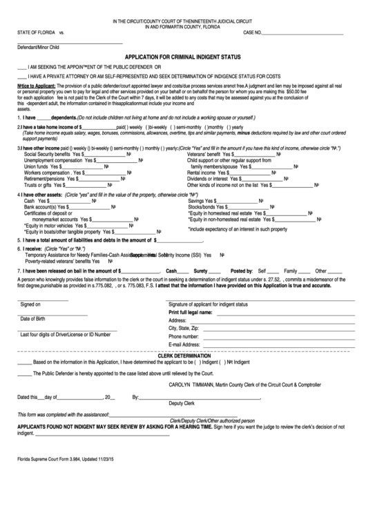 Fillable Form 3 984 Application For Criminal Indigent Status Form
