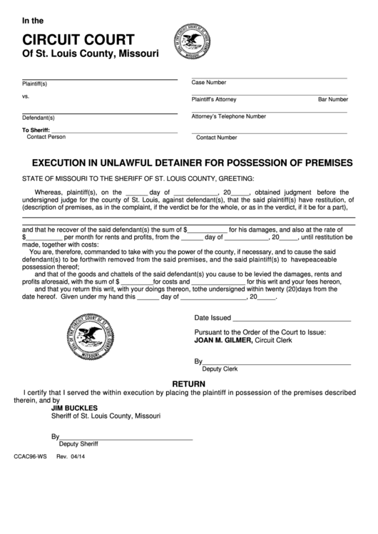 Fillable Form Ccac96 Ws Execution In Unlawful Detainer For Possession