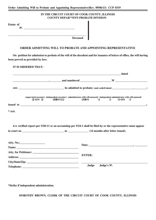 Fillable Form Ccp 0319 Order Admitting Will To Probate And Appointing