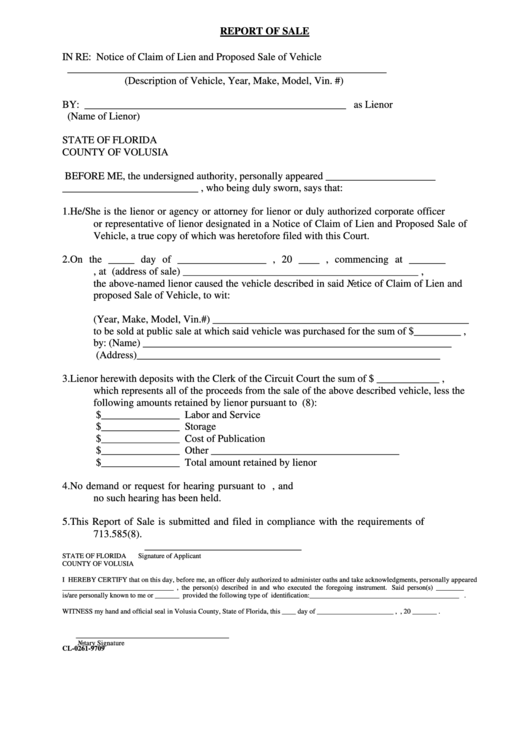 Fillable Form Cl 0261 9709 Report Of Sale Volusia County Florida