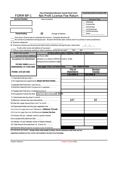 Fillable Form Np 1 Net Profit License Fee Return City Of Owensboro