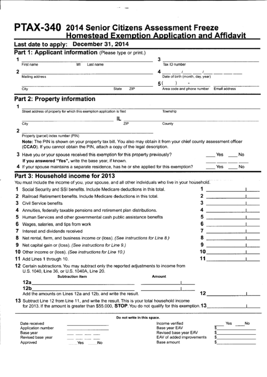 Fillable Form Ptax 340 2014 Senior Citizens Assessment Freeze 