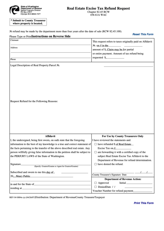 Fillable Form Rev 84 0004e A Real Estate Excise Tax Refund Request 