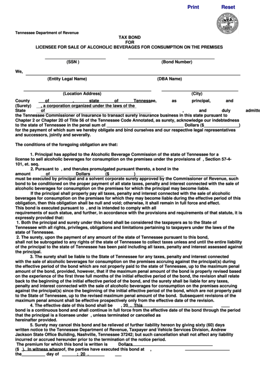 Fillable Form Rv F1307701 Tax Bond For Licensee For Sale Of Alcoholic 