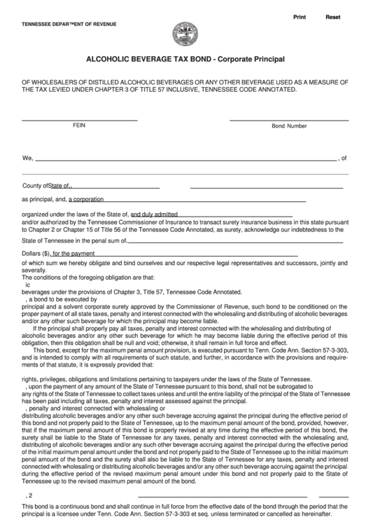 Fillable Form Rv F1320701 Alcoholic Beverage Tax Bond Corporate