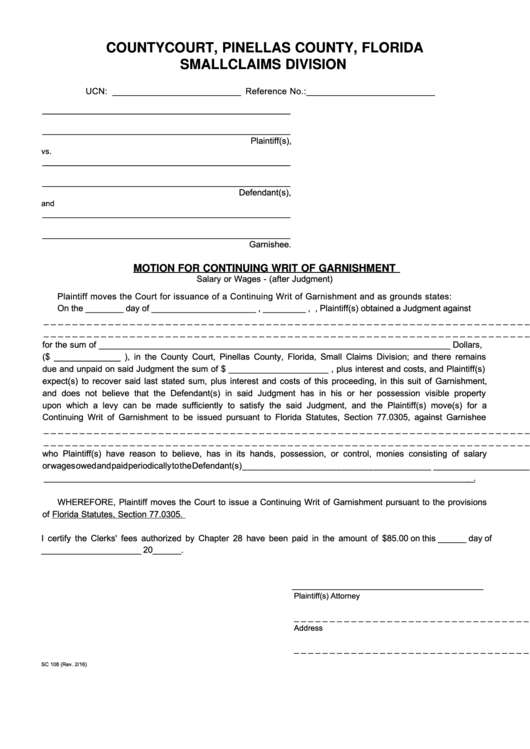 Fillable Form Sc 108 Motion For Continuing Writ Of Garnishment 