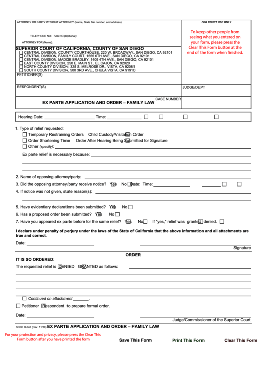 Fillable Form Sdsc D 046 Ex Parte Application And Order Family Law 