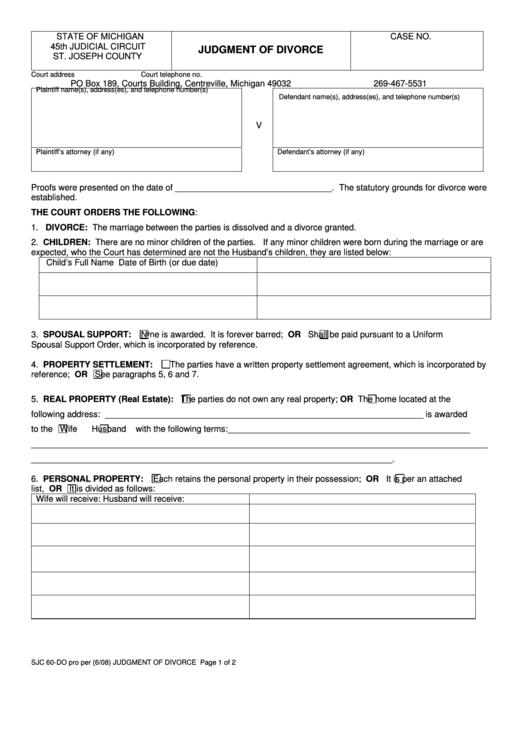 Fillable Form Sjc 60 Do Judgment Of Divorce 45th Judicial Circuit 