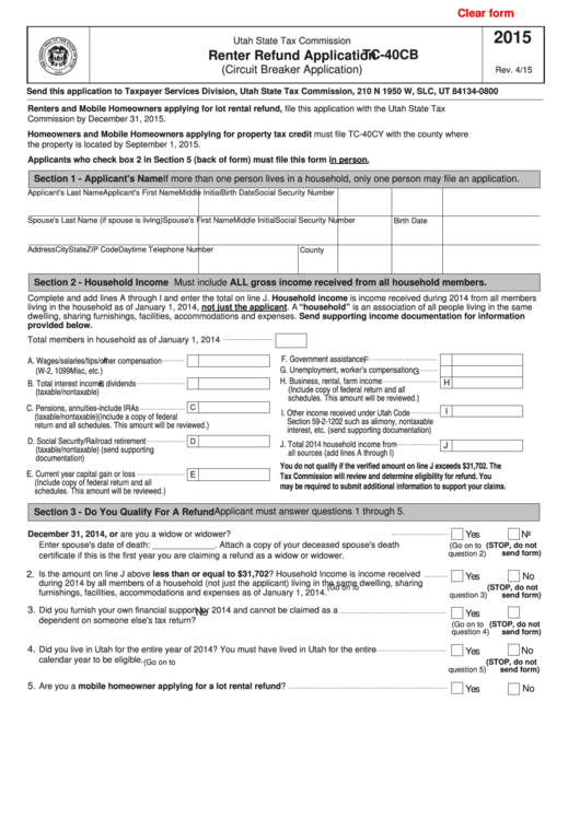 Fillable Form Tc 40cb Renter Refund Application 2015 Printable Pdf 