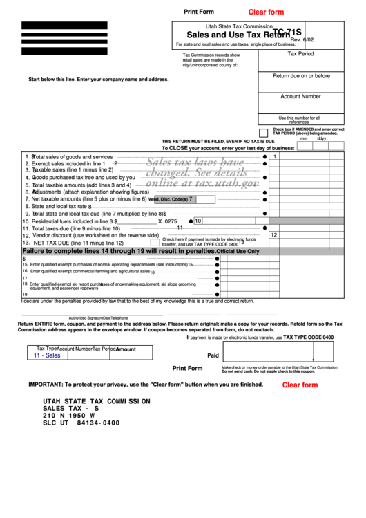 Fillable Form Tc 71s Sales And Use Tax Return 2002 Printable Pdf 