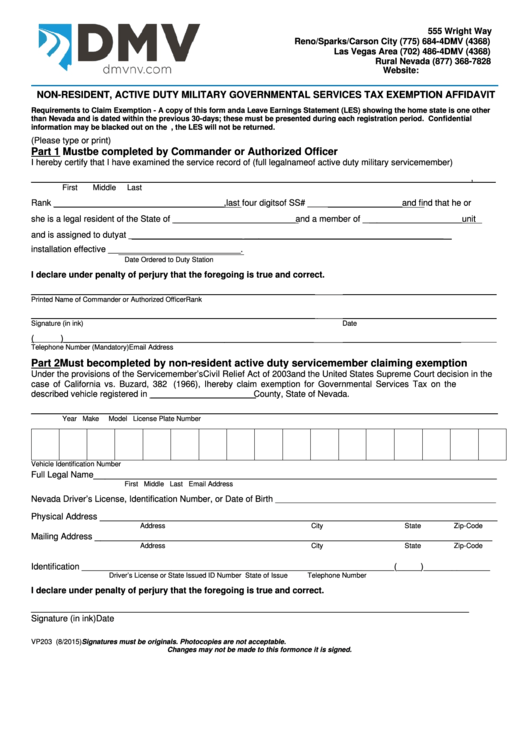 Fillable Form Vp 203 Non Resident Active Duty Military Governmental 