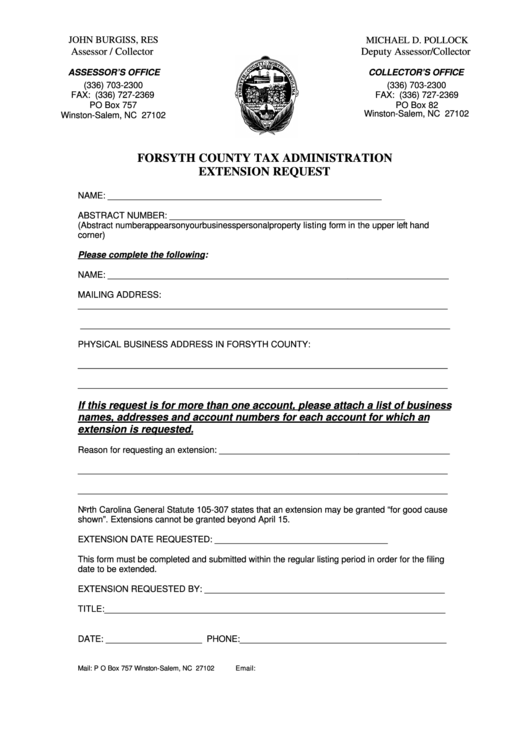 Fillable Forsyth County Tax Administration Extension Request Printable