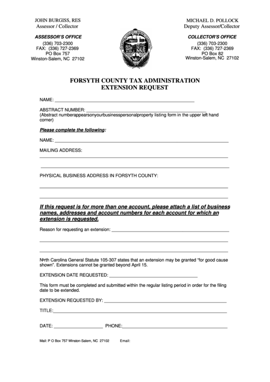 Fillable Forsyth County Tax Administration Extension Request Printable 