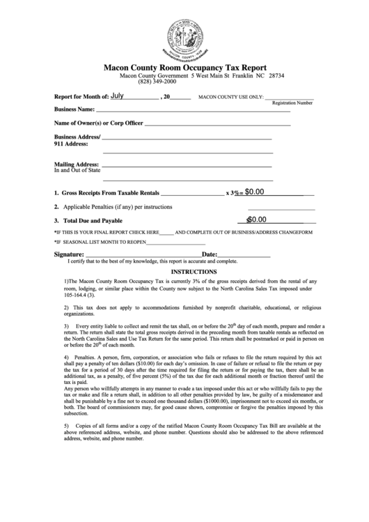 Fillable Macon County Room Occupancy Tax Report Form Printable Pdf Download