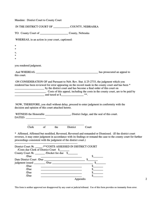 Fillable Mandate District Court To County Court Form Printable Pdf 