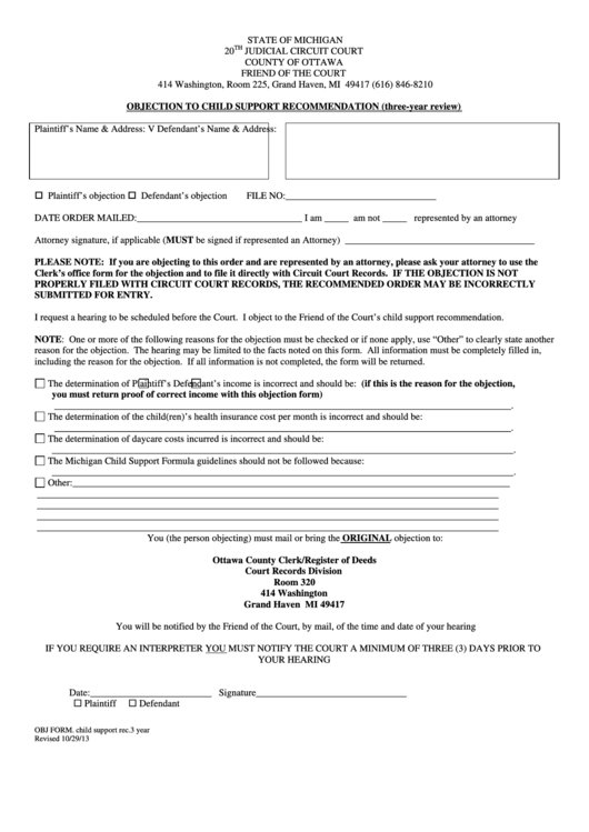 Fillable Objection To Child Support Recommendation Printable Pdf Download