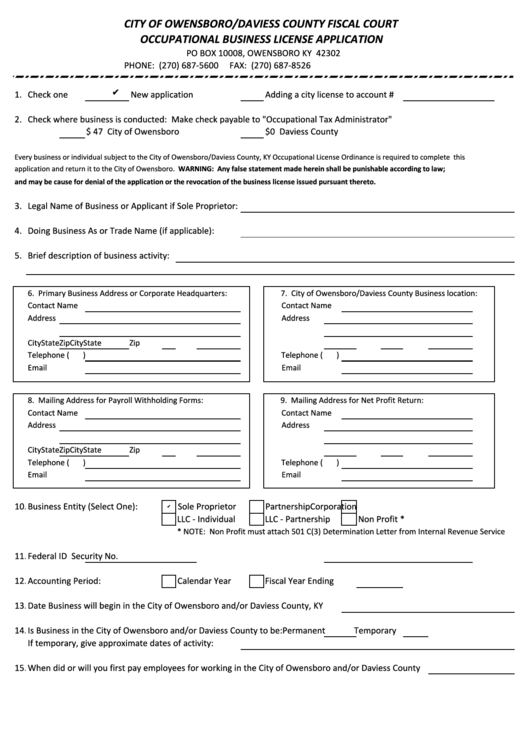 Fillable Occupational Business License Application City Of Owensboro 