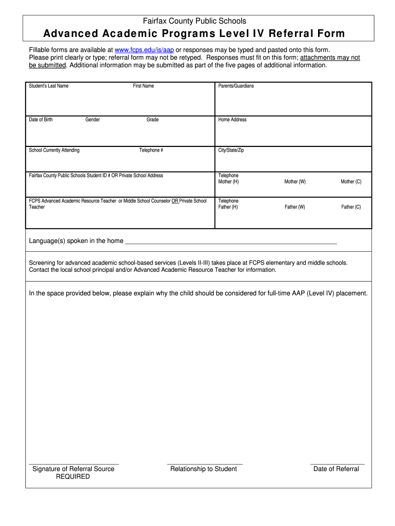 Fillable Online Fcps Level IV Referral Form Fairfax County Public 