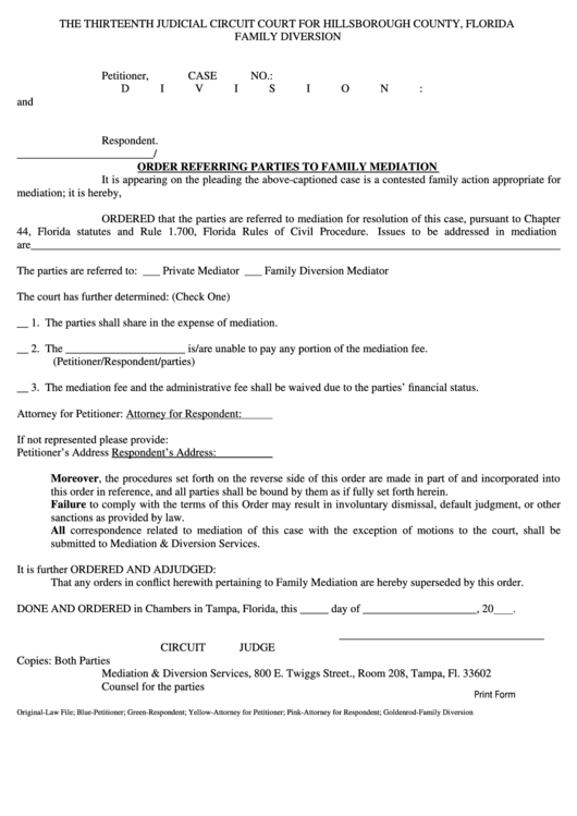 Fillable Order Referring Parties To Family Mediation Form The 