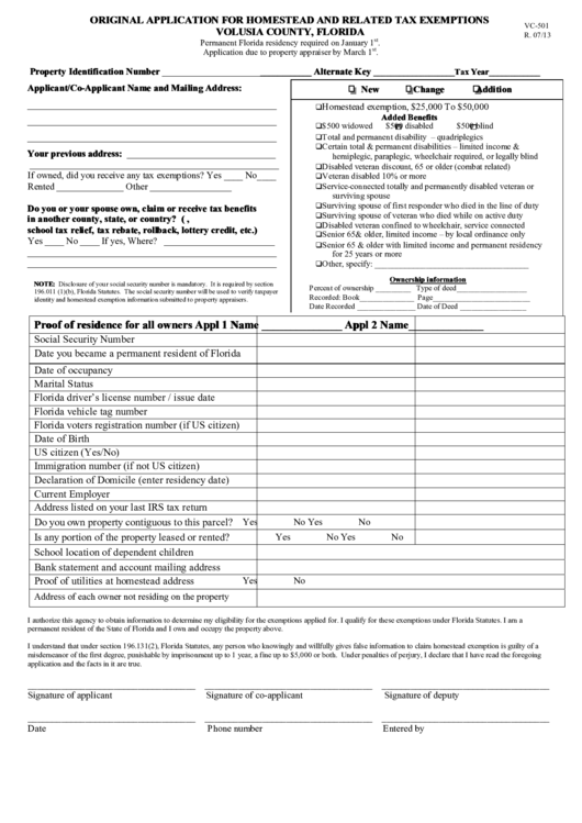 Fillable Original Application For Homestead And Related Tax Exemptions 