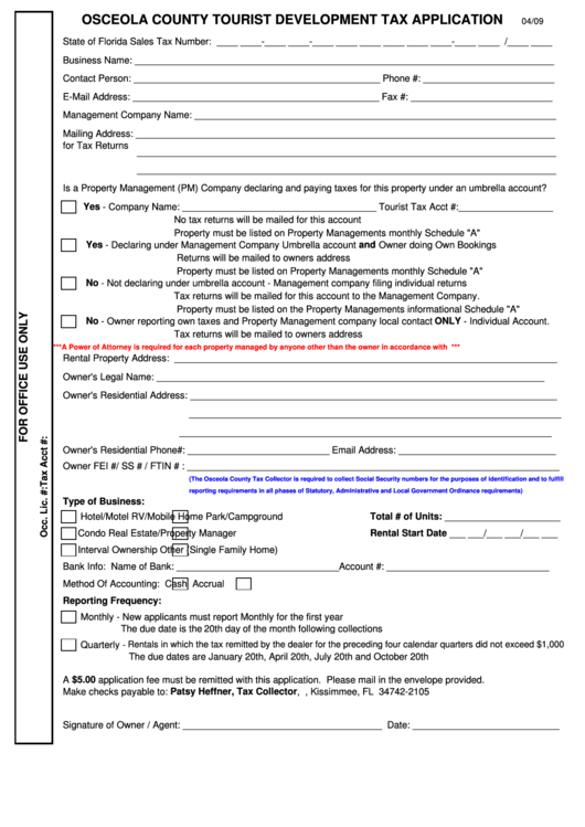 Fillable Osceola County Tourist Development Tax Application Form 