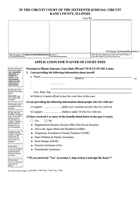 Fillable P1 Ci 013 E Kane County Judicial Circuit Application For 