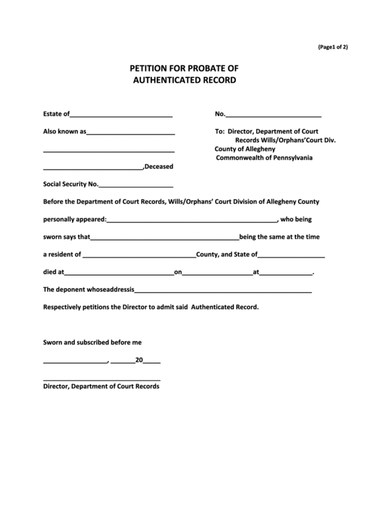 Fillable Petition For Probate Of Authenticated Copy Of Will Decree Of