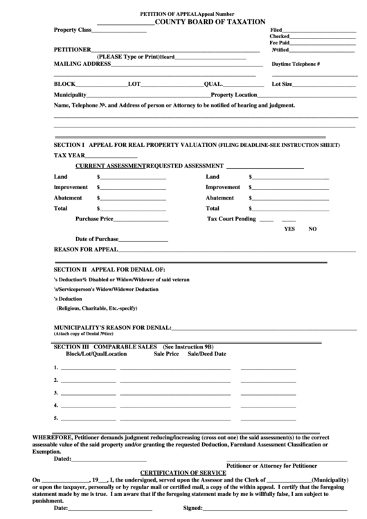 Fillable Petition Of Appeal New Jersey Division Of Taxation Printable 