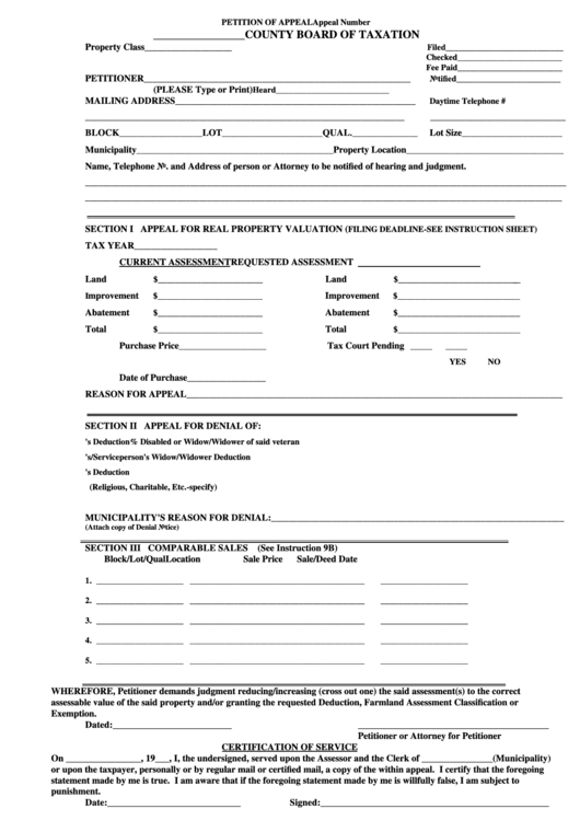 Fillable Petition Of Appeal New Jersey Division Of Taxation Printable