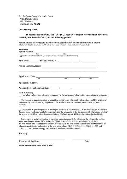 Fillable Request For Inspection Of Sealed Record Form Printable Pdf 