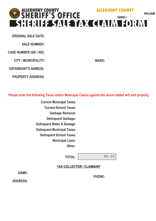 Fillable Sheriff Sale Tax Claim Form Allegheny County Sheriff S