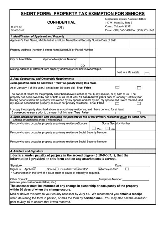 Fillable Short Form Property Tax Exemption For Seniors 2017 