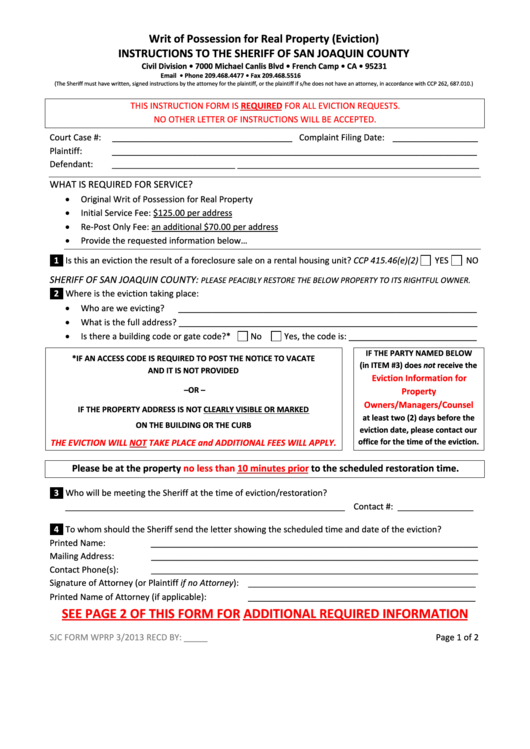 Fillable Sjc Form Wprp 3 2013 Writ Of Possession For Real Property