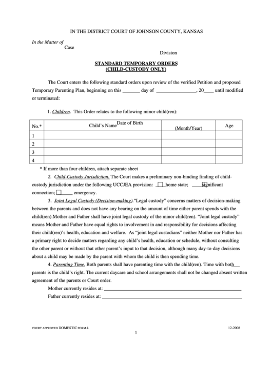 Fillable Standard Temporary Child Custody Parenting Time Order Form 