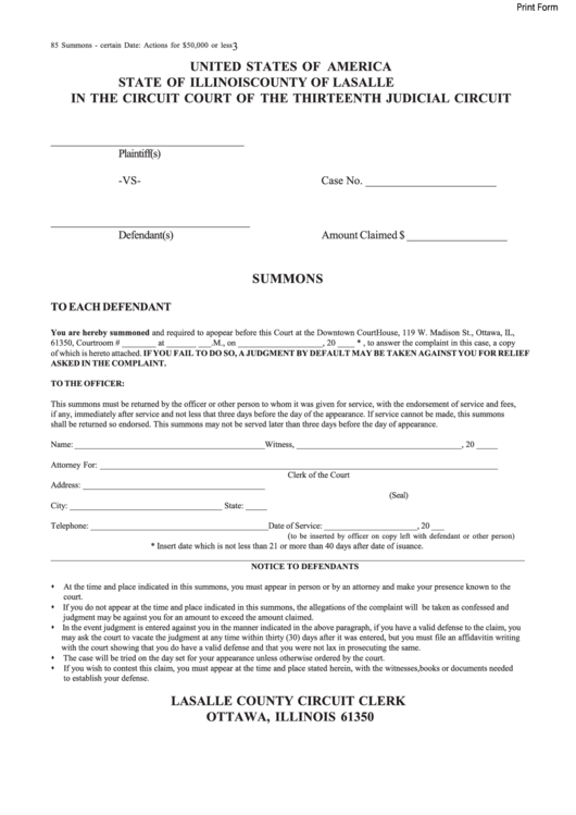 Fillable Summons County Of Lasalle Circuit Court Printable Pdf Download
