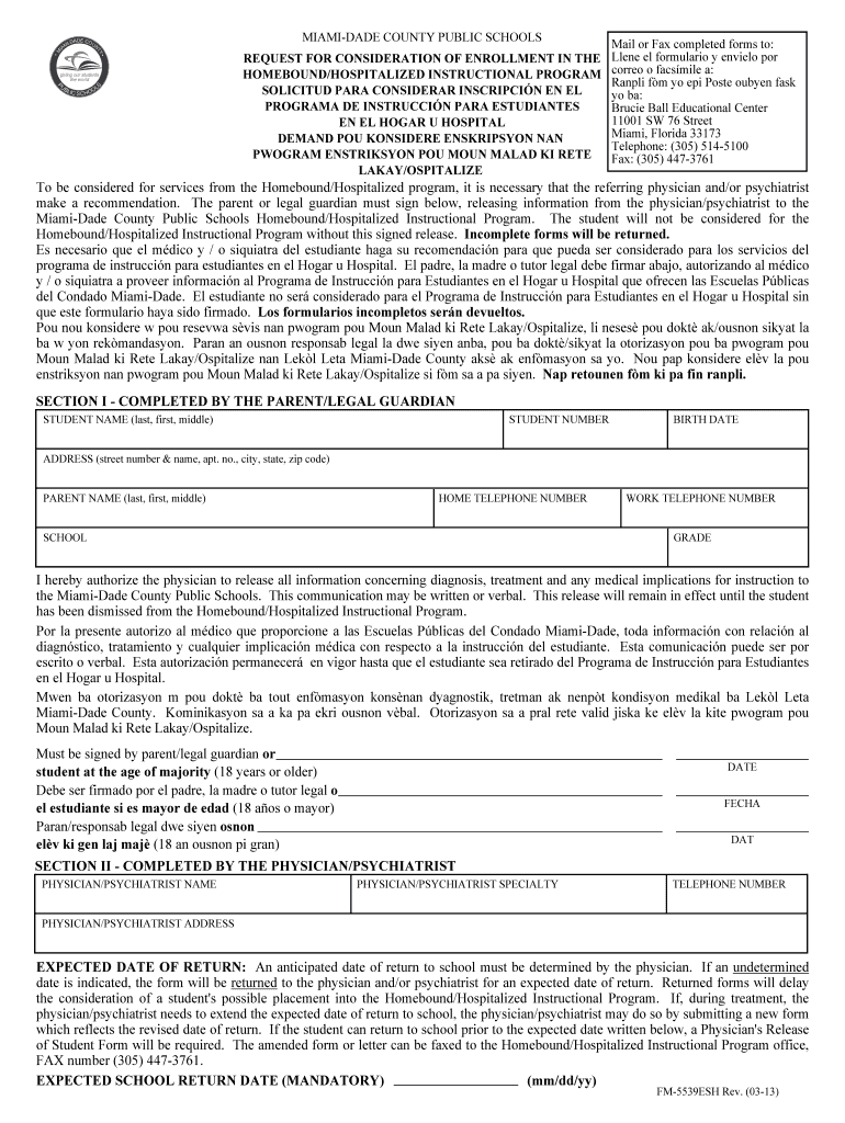 FL Miami Dade County Public Schools FM 5539ESH 2013 Fill And Sign 