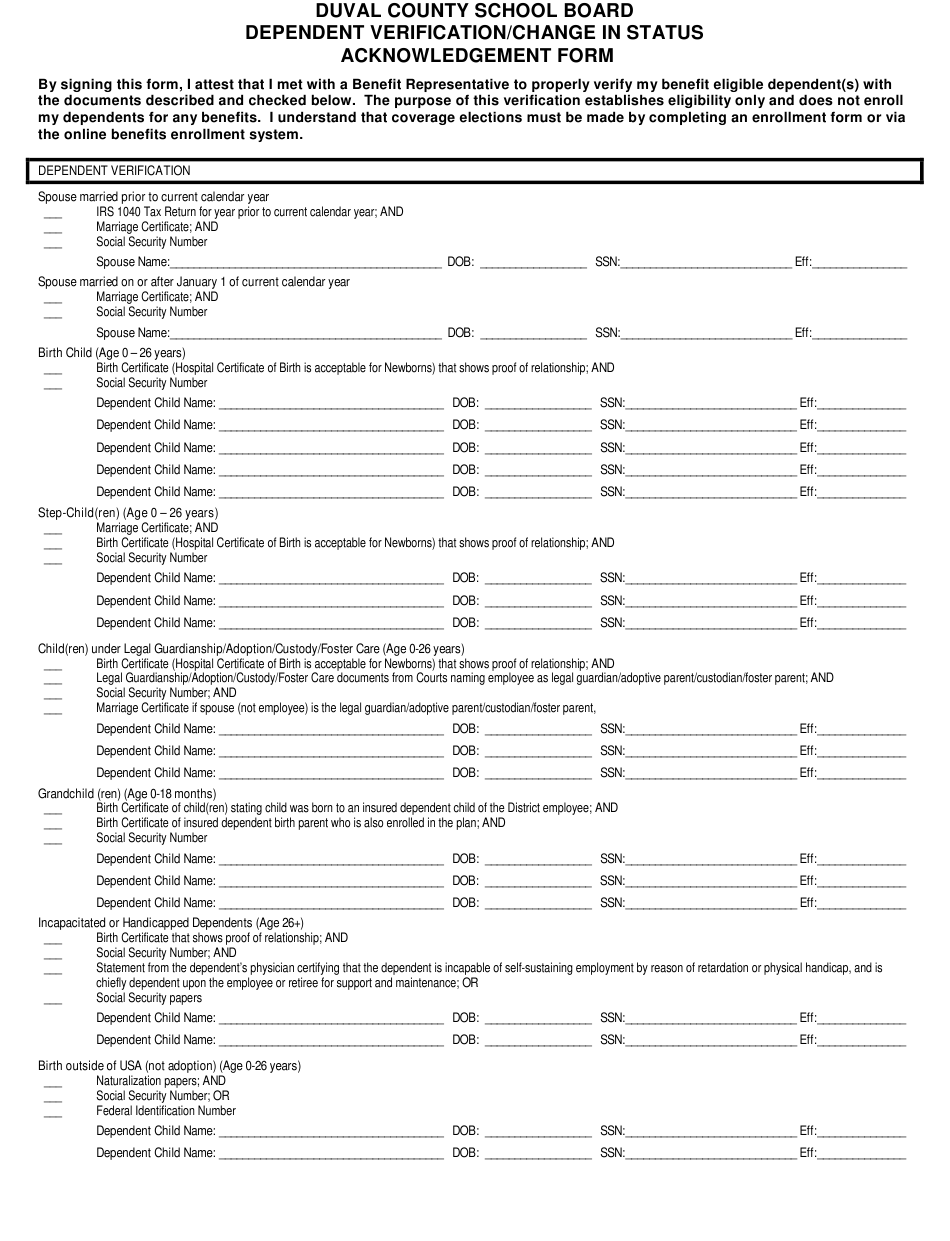 Florida Dependent Verification Change In Status Acknowledgement Form 