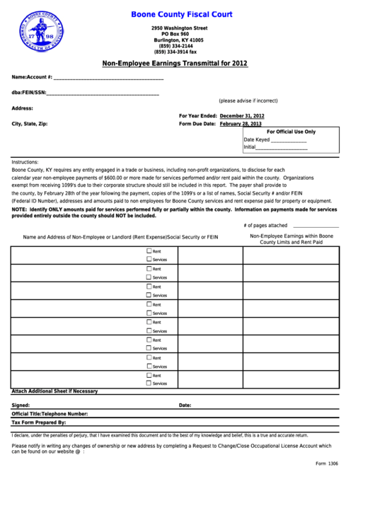 Form 1306 Non Employee Earnings Transmittal Boone County Fiscal 